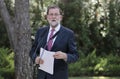 Mariano Rajoy gesturing at media comference in marivent palace gardens Royalty Free Stock Photo