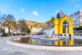 MARIANSKE LAZNE, CZECH REPUBLIC - OCTOBER 28, 2019: Singing Fountain at spa Colonnade of Marianske Lazne, German Royalty Free Stock Photo