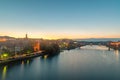 Sunrise view on Drava Drave river with bridge and Maribor city