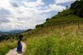 Maribor - Woman with baby carriage on hiking trail to Piramida (Pyramid Hill) Royalty Free Stock Photo