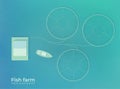 Mariculture. Fish farm in open sea water in special protected ponds. Vector top view illustration. Royalty Free Stock Photo