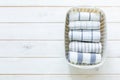 Marie Kondo tidying concept - folded kitchen linens in white basket