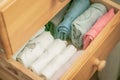 Marie Kondo tyding up method concept - folded clothes Royalty Free Stock Photo