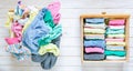 Marie Kondo tyding up method concept - before and after kids clothes drawer