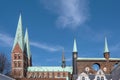 Marienkirche Lubeck (St. Mary church) and a part of the historic town hall, both in brick architecture Royalty Free Stock Photo