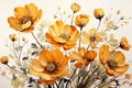 Marigold (calendula) flowers in watercolor splash isolated on white background, generative AI illustration