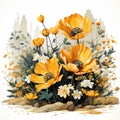 Marigold (calendula) flowers in watercolor splash isolated on white background, generative AI illustration