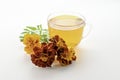 Marigold herbal tea in a glass cup and fresh flowers.Isolated on a white background Royalty Free Stock Photo
