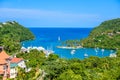 Marigot Bay, Saint Lucia, Caribbean. Tropical bay and beach in exotic and paradise landscape scenery. Marigot Bay is located on Royalty Free Stock Photo