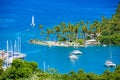 Marigot Bay, Saint Lucia, Caribbean. Tropical bay and beach in exotic and paradise landscape scenery. Marigot Bay is located on