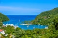 Marigot Bay, Saint Lucia, Caribbean. Tropical bay and beach in exotic and paradise landscape scenery. Marigot Bay is located on Royalty Free Stock Photo