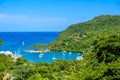 Marigot Bay, Saint Lucia, Caribbean. Tropical bay and beach in exotic and paradise landscape scenery. Marigot Bay is located on Royalty Free Stock Photo