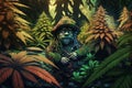 Marijuana dwarf in a magical forest. Growing weed concept. Generative AI