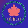 Marijuna leaf, ganja leaf, circle kurling, leaf logo, blue background, ganja sticker