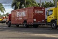 Trucks at the distribution and resale center of the AMBEV beer company on the streets of the city of Marilia