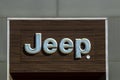 Jeep logo at a dealership. The subsidiaries of FCA are Chrysler, Dodge, Jeep, and Ram Royalty Free Stock Photo