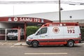 Ambulance parked in front of a SAMU post, Mobile Emergency Service, in the