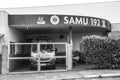 Ambulance parked in front of a SAMU post, Mobile Emergency Service, in the