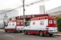 Ambulance parked in front of a SAMU post, Mobile Emergency Service, in the