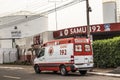 Ambulance parked in front of a SAMU post, Mobile Emergency Service, in Marilia