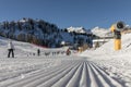 MARILLEVA. JAN 26, 2023. Rifugio Alpe Daolasa 2045m. Skiing area in the Dolomites Alps. Overlooking the Pista Mastellissima in