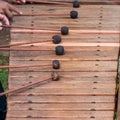 Marimba mallets and wooden keyboard close up