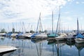 Marina with anchored yachts on a summer day in town Kreuzlingen, Switzerland.