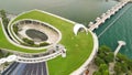 Marina Barrage, Singapore: Aerial view of cityscape and coastline on a overcast afternoon Royalty Free Stock Photo