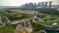 Marina Barrage, Singapore: Aerial view of cityscape and coastline on a overcast afternoon Royalty Free Stock Photo