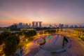 Marina Barrage. Singapore Downtown skyline at sunset. Financial district and business centers in technology smart urban city in