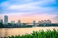 Panorama skyline of Marina Bay, Benjamin Sheares Bridge, Stadium, Costa Rhu and Tanjong Rhu district in Singapore. Royalty Free Stock Photo