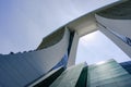 Marina Bay Sands Hotel, Singapore. View from bottom of two towers to rooftop of Marina Sands luxury Hotel