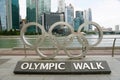 Marina Bay, Singapore - February 19, 2023 - The Olympic Walk sign with the background of the city