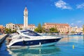 Marina with boats against church in Zakynthos town, Greece Royalty Free Stock Photo
