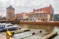 Marina with boats mooring in old harbor canal on Old Town, Gdansk, Poland