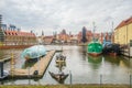 Marina with boats mooring in old harbor canal on Old Town, Gdansk, Poland Royalty Free Stock Photo