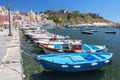 Marina Corricella with colourful boats and houses, Terra Murata, Procida Island, Bay of Naples, Italy.