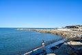 Marina di Cecina, Italy - August 06, 2020: Panoramic view of the beautiful beach and seashore of Marina di Cecina, Tuscany, Italy