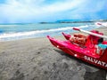 Marina di Massa - Tuscany - 8 July 2019: Rescue skis on a beach in Tuscany