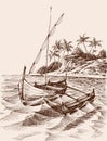 Marina drawing. Fishing boat on shore Royalty Free Stock Photo