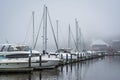 A marina in fog, at the Inner Harbor, in Baltimore, Maryland Royalty Free Stock Photo