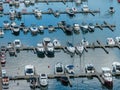 Marina in Gizycko, Poland, Niegocin lake - drone aerial closeup photo of sailboats and bridges