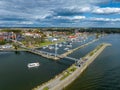 Marina in Gizycko, Poland, Niegocin lake - drone aerial photo of sailboats and bridges