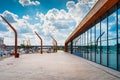 Marina on Grodzka island on Odra River with view on old cranes called Dzwigozaury in Szczecin