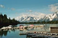 Marina at Jenny Lake in Panorama Mountain Landscape in Grand Teton National Park, Wyoming Royalty Free Stock Photo