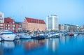 Marina at Motlawa river in Gdansk at night, Poland. Royalty Free Stock Photo