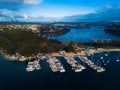 Marina overlooking city drone photo