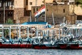 Marina Philae EGYPT Egyptian flag on Tourists boats to Philea temple UNESCO moved temple because of the Aswan Dam Royalty Free Stock Photo