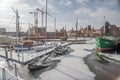 Marina with sailboats in Old Town of Gdansk Poland. Granary island to the left Old Town in background.