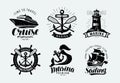 Marina, sailing, cruise logo or label. Marine themes, set of emblems. Vector